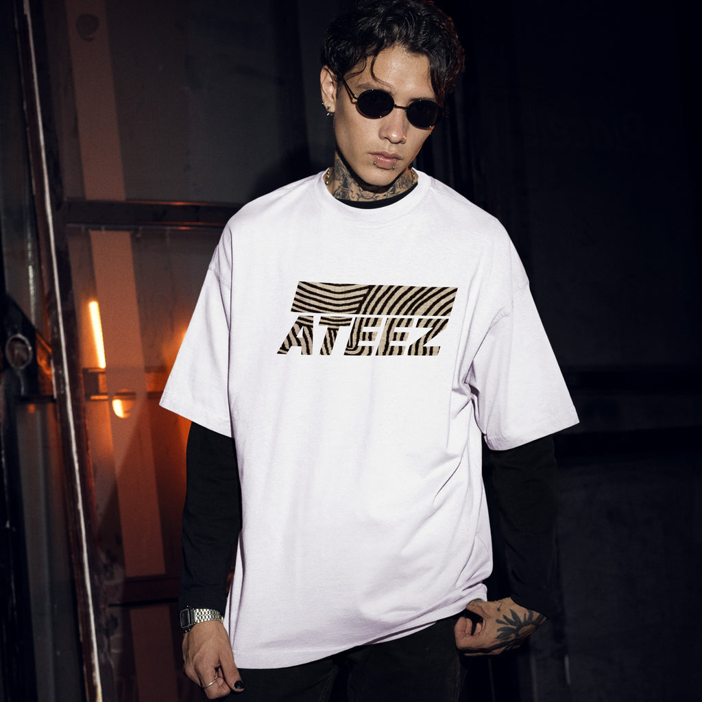 ATEEZ Striped Graphic T-Shirt - Men Front view, Y2K kpop concert tee