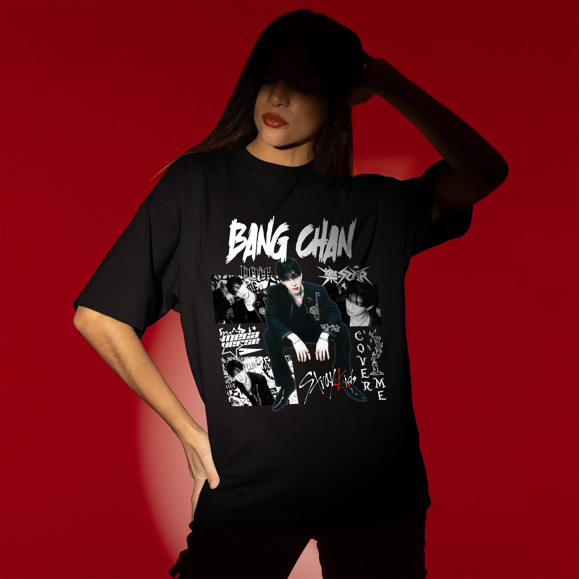 Stray Kids Graphic Bang Chan Style T-Shirt - Women view, Y2K kpop concert tee