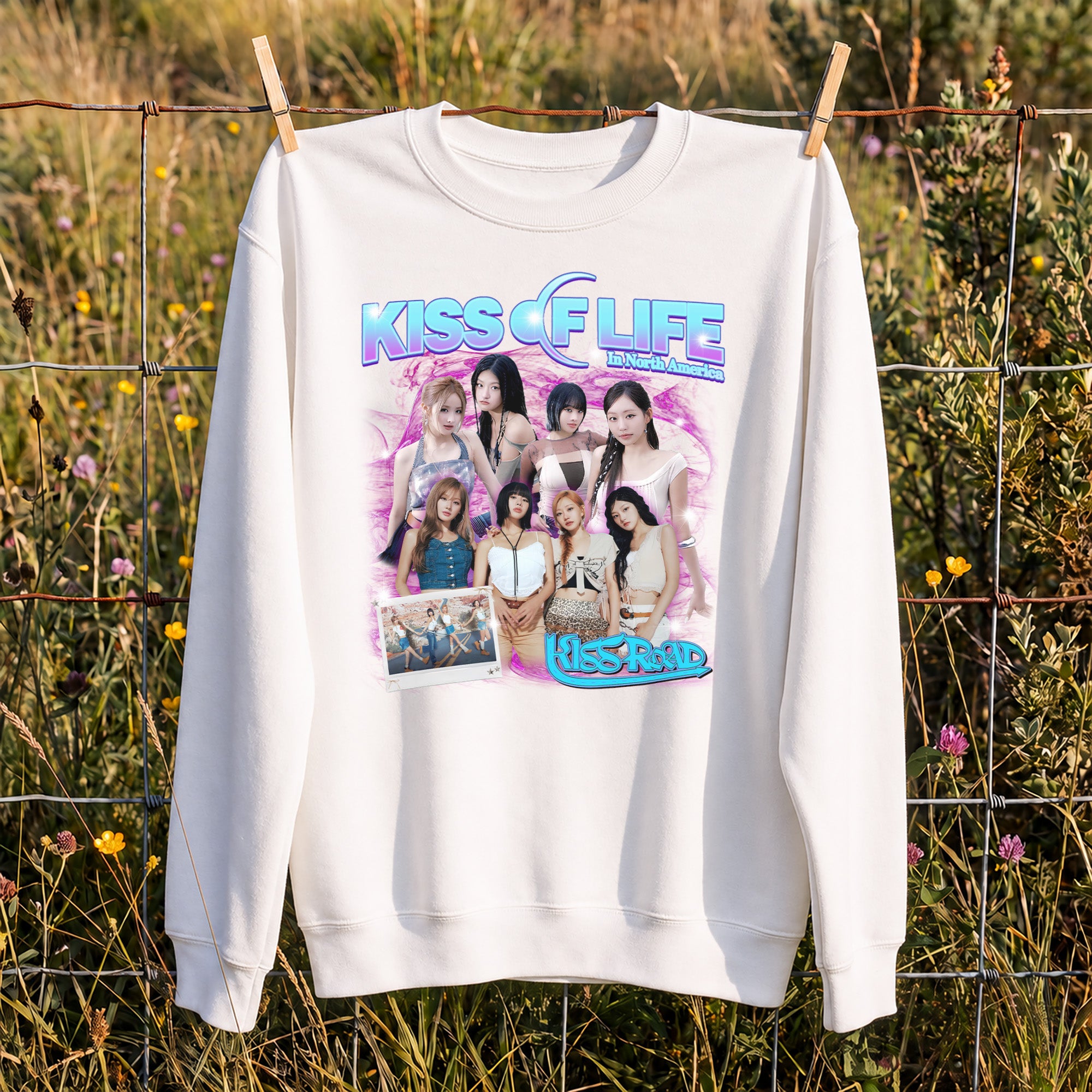 KISS OF LIFE Graphic Kiss Road Sweatshirt - Hang view, Y2K kpop concert sweatshirt
