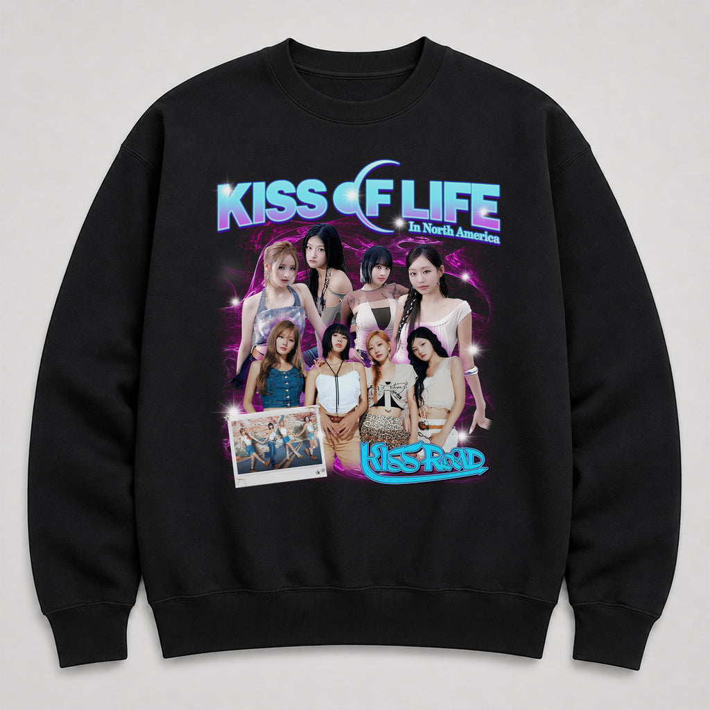 KISS OF LIFE Graphic Kiss Road Sweatshirt - Main view, Y2K kpop concert sweatshirt