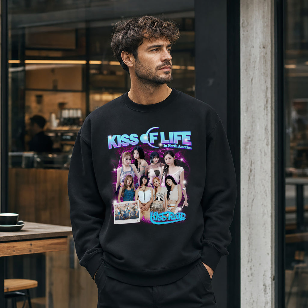 KISS OF LIFE Graphic Kiss Road Sweatshirt - Men view, Y2K kpop concert sweatshirt