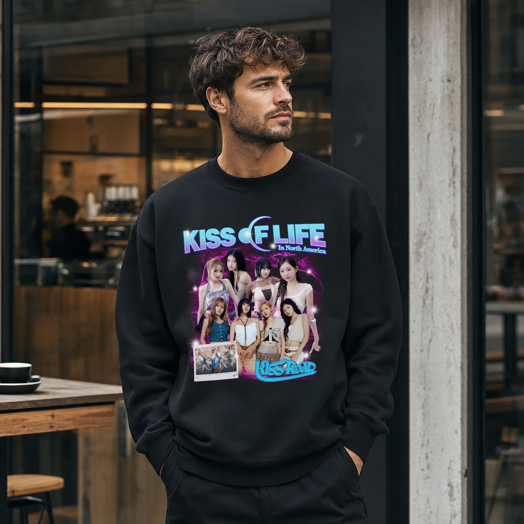 KISS OF LIFE Graphic Kiss Road Sweatshirt - Men view, Y2K kpop concert sweatshirt