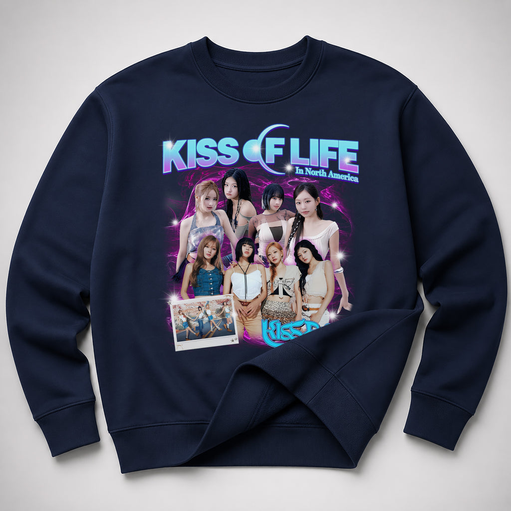 KISS OF LIFE Graphic Kiss Road Sweatshirt - Spread view, Y2K kpop concert sweatshirt