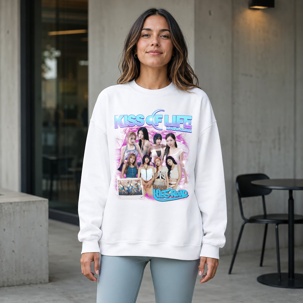 KISS OF LIFE Graphic Kiss Road Sweatshirt - Women view, Y2K kpop concert sweatshirt