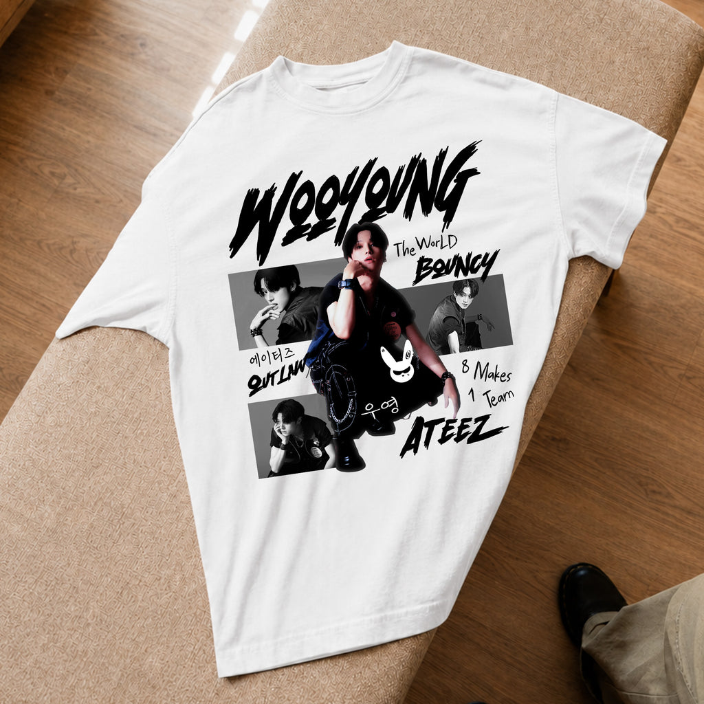 ATEEZ Graphic Wooyoung Member T-Shirt - Spread view, Y2K kpop concert tee