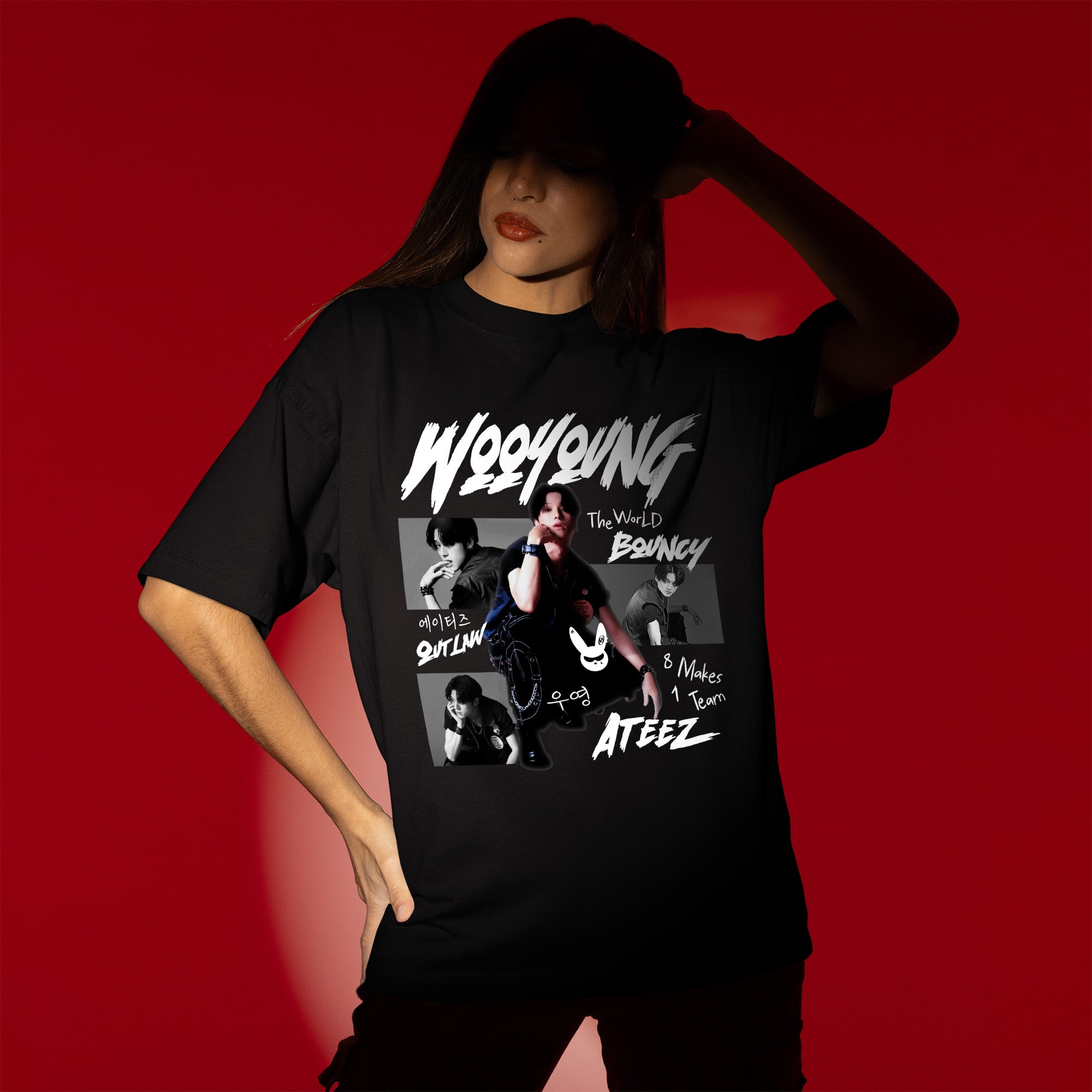 ATEEZ Graphic Wooyoung Member T-Shirt - Women view, Y2K kpop concert tee