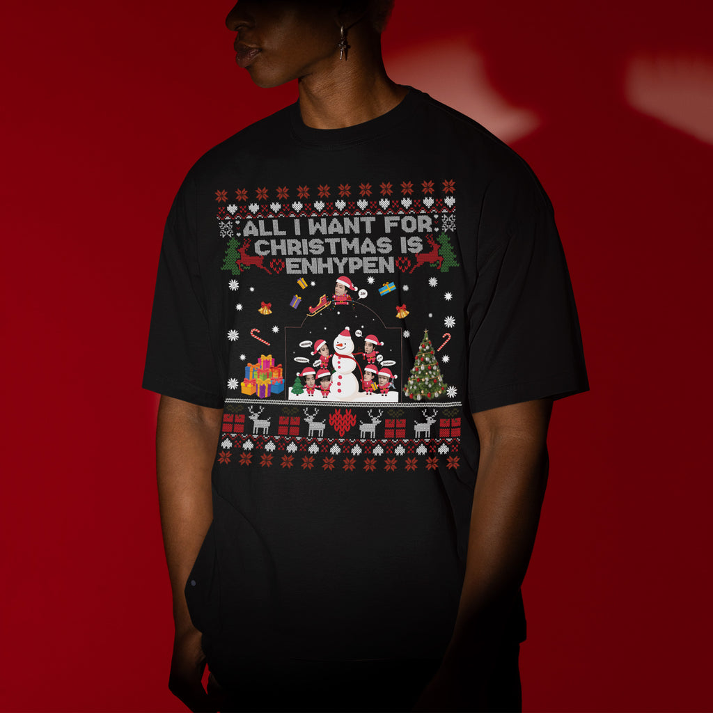 ENHYPEN Funny Xmas T-Shirt - Men view, Y2K kpop concert tee