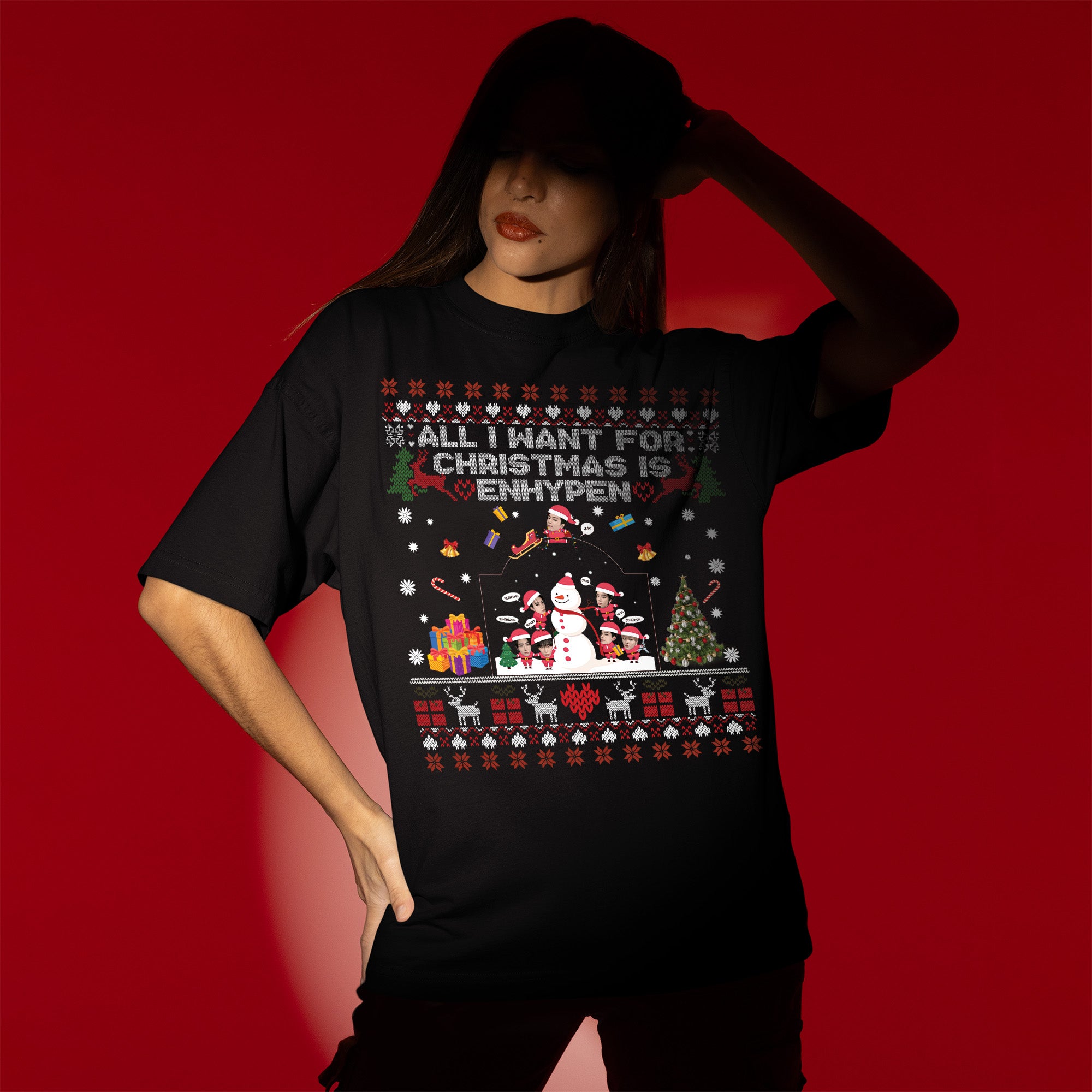 ENHYPEN Funny Xmas T-Shirt - Women view, Y2K kpop concert tee
