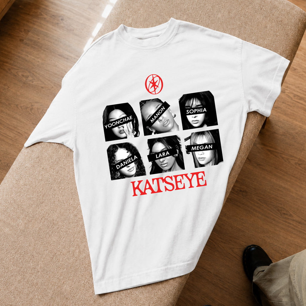 KATSEYE Retro Member T-Shirt - Spread view, Y2K kpop concert tee