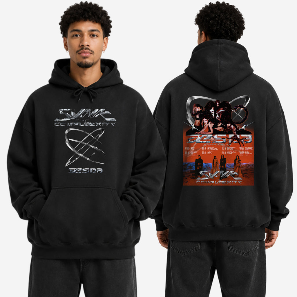 aespa Retro Synk Complæxity World Tour Hoodie - Men view, Y2K kpop concert hoodie