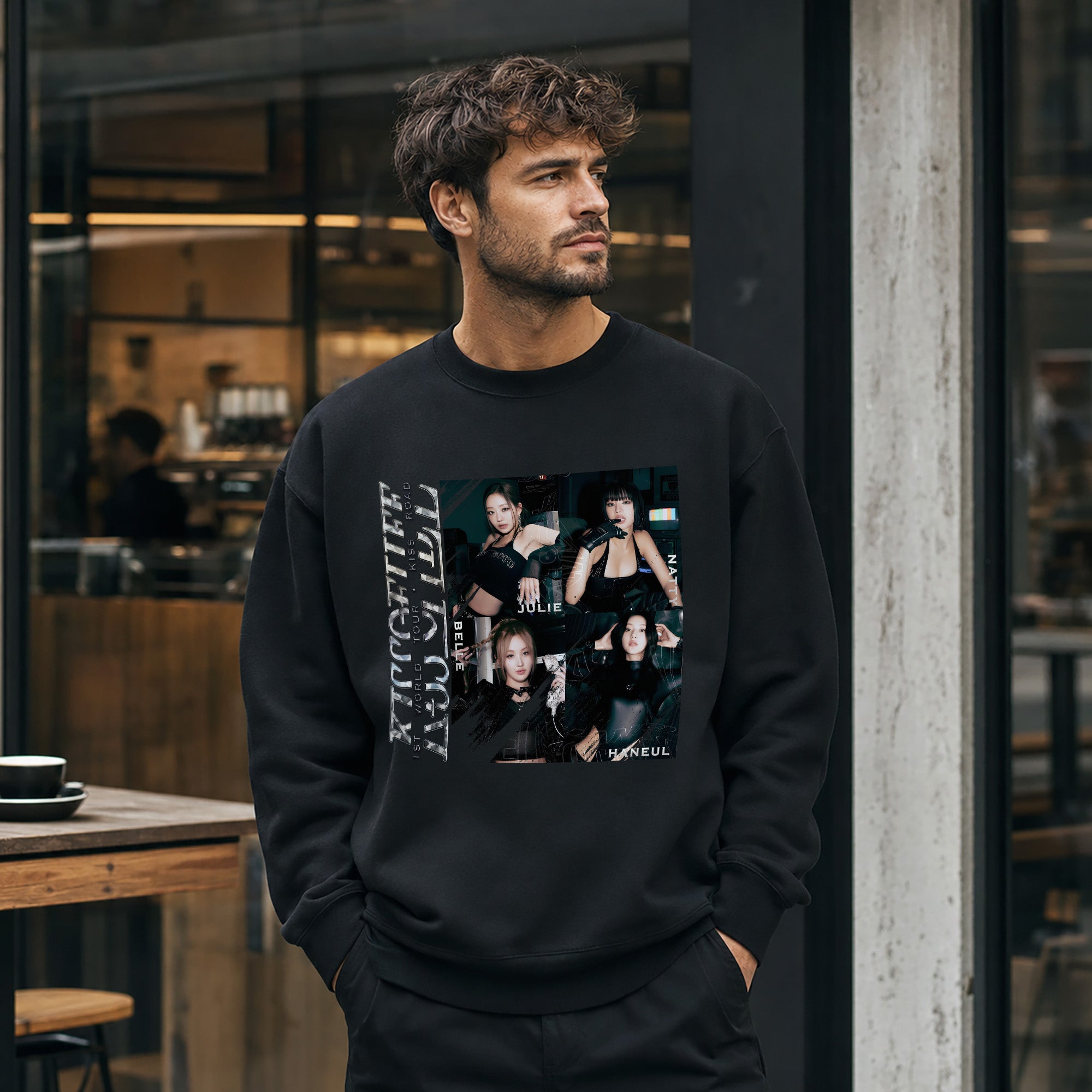 KISS OF LIFE 1st World Tour Kiss Road Sweatshirt - Men view, Y2K kpop concert sweatshirt