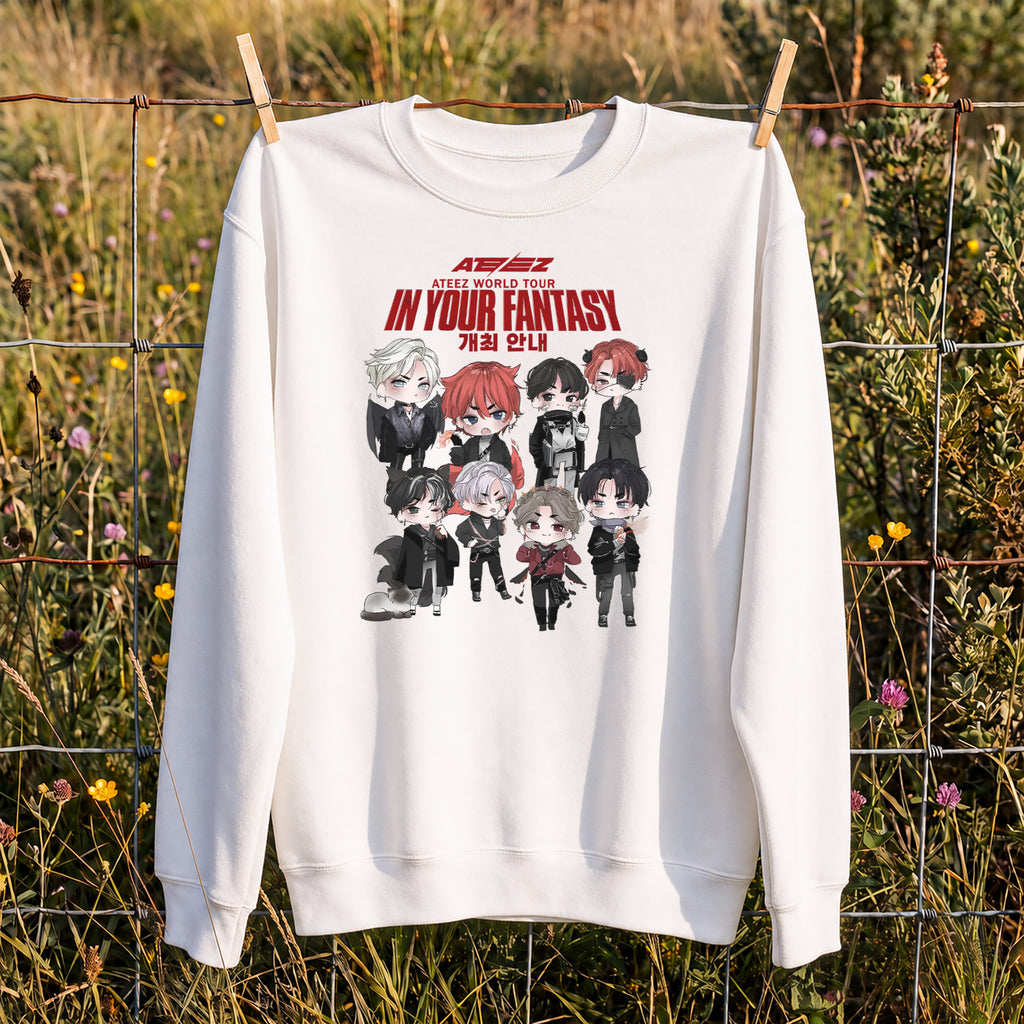 ATEEZ Chibi Cute In Your Fantasy Sweatshirt - Hang view, Y2K kpop concert sweatshirt