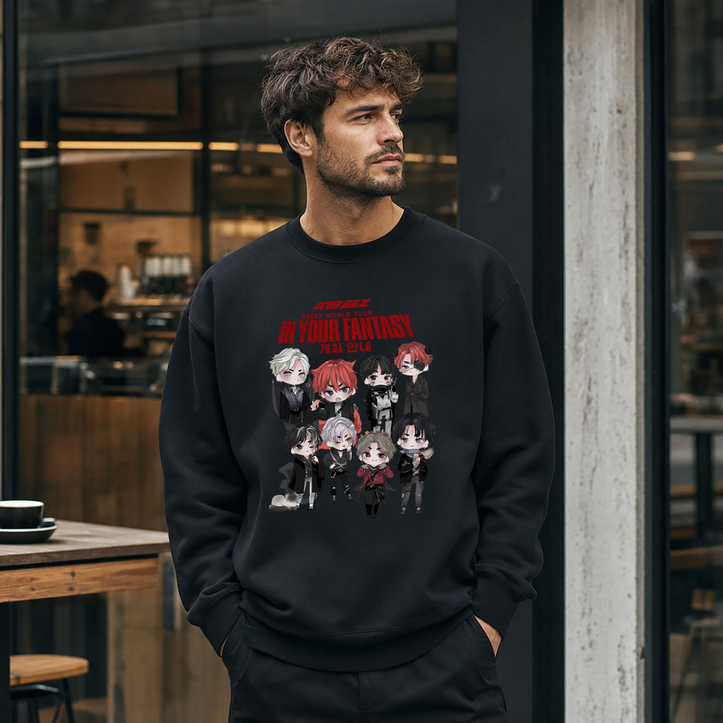ATEEZ Chibi Cute In Your Fantasy Sweatshirt - Men view, Y2K kpop concert sweatshirt