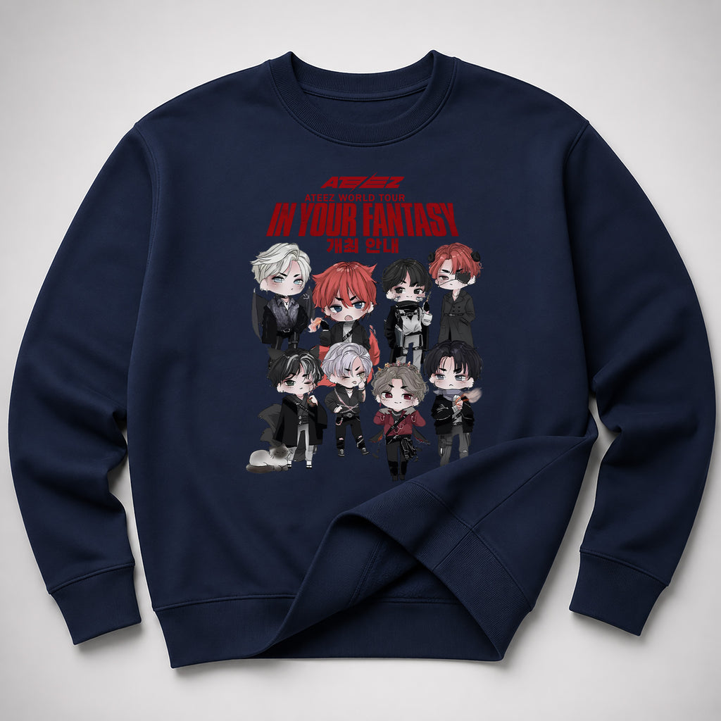 ATEEZ Chibi Cute In Your Fantasy Sweatshirt - Spread view, Y2K kpop concert sweatshirt