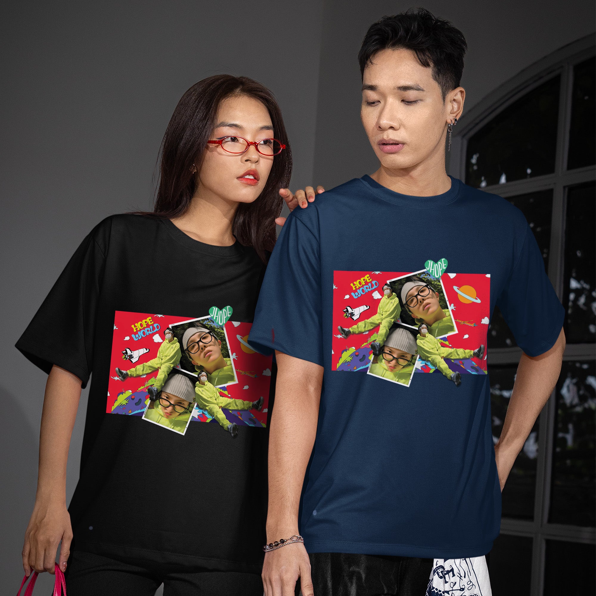 BTS J-Hope Funny Hope World T-Shirt - Couple view, Y2K kpop concert tee