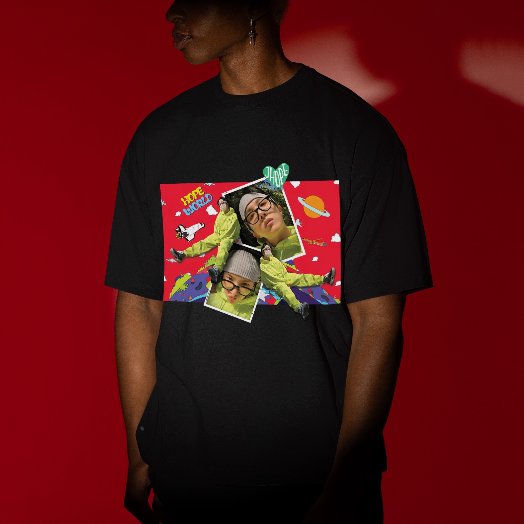 BTS J-Hope Funny Hope World T-Shirt - Men view, Y2K kpop concert tee