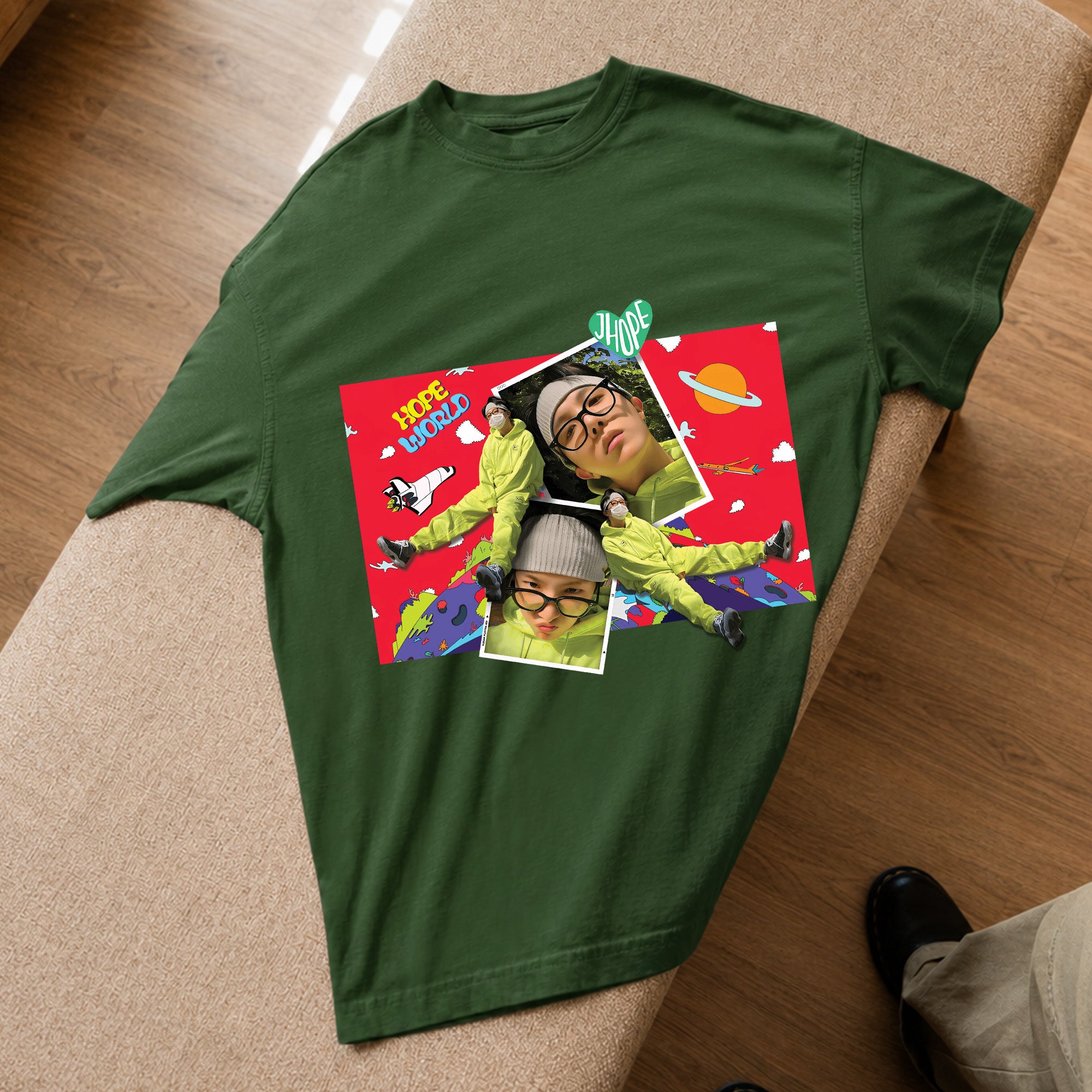 BTS J-Hope Funny Hope World T-Shirt - Spread view, Y2K kpop concert tee