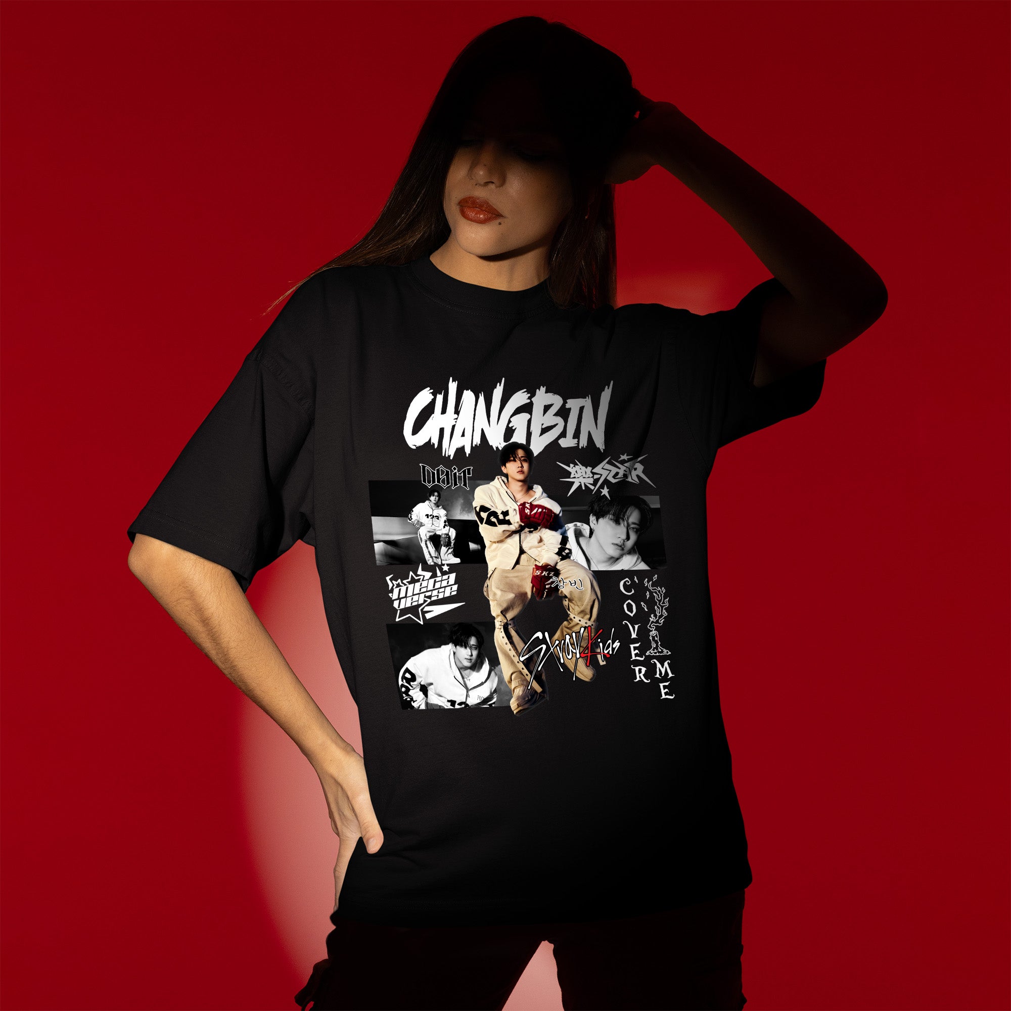 Stray Kids Graphic Changbin Style T-Shirt - Women view, Y2K kpop concert tee