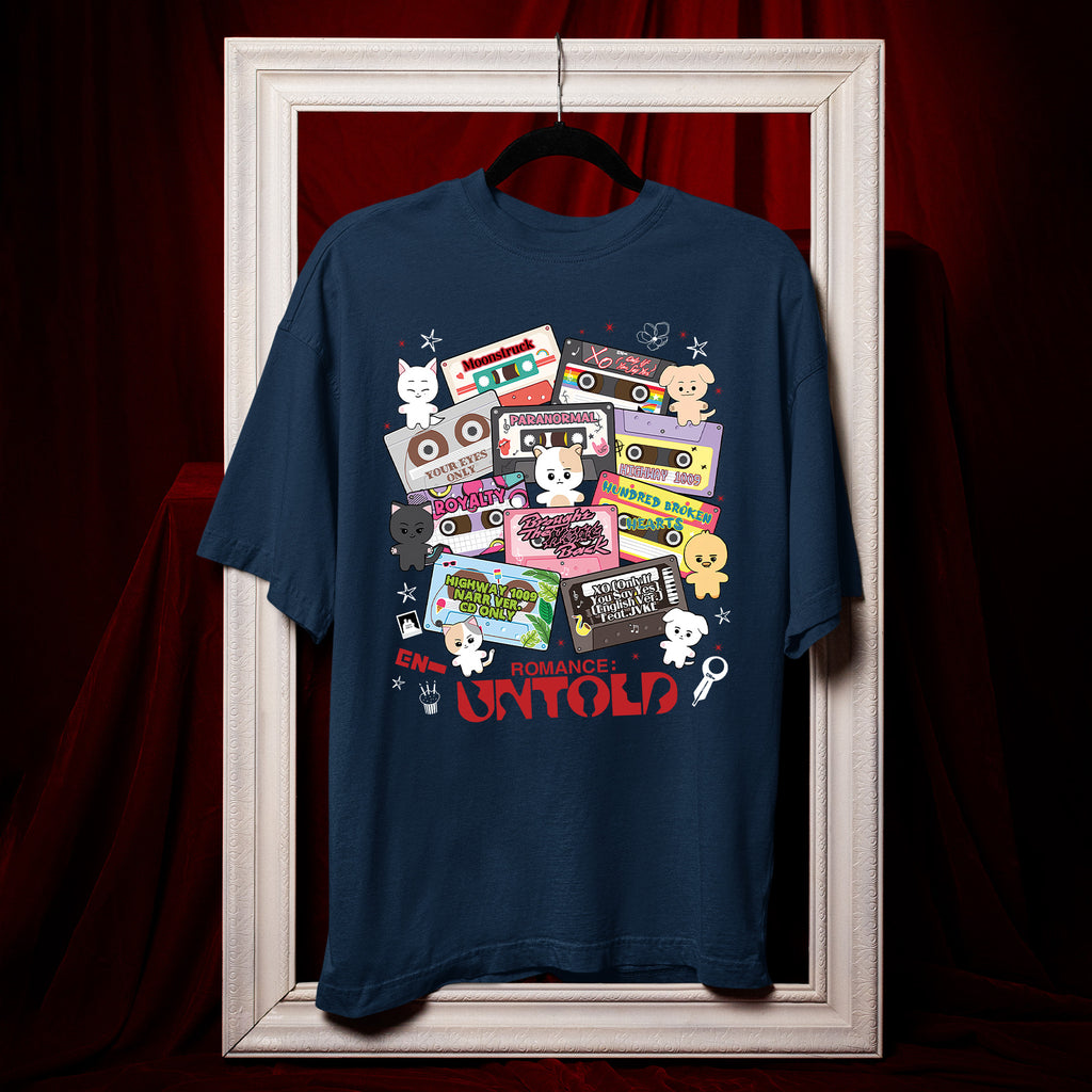 ENHYPEN EN- Romance Untold Cassette Tape T-Shirt - Hang view, Y2K kpop concert tee