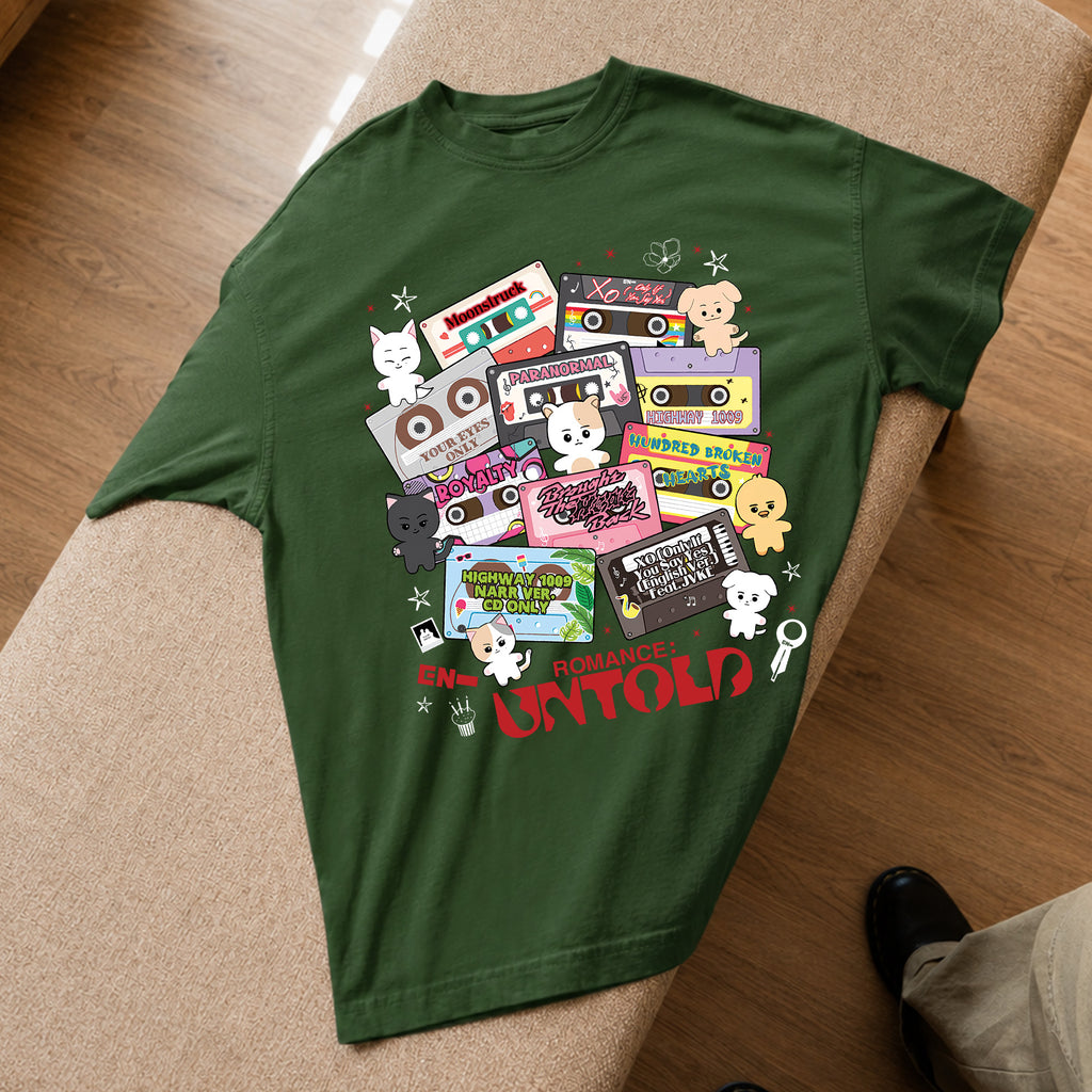 ENHYPEN EN- Romance Untold Cassette Tape T-Shirt - Spread view, Y2K kpop concert tee