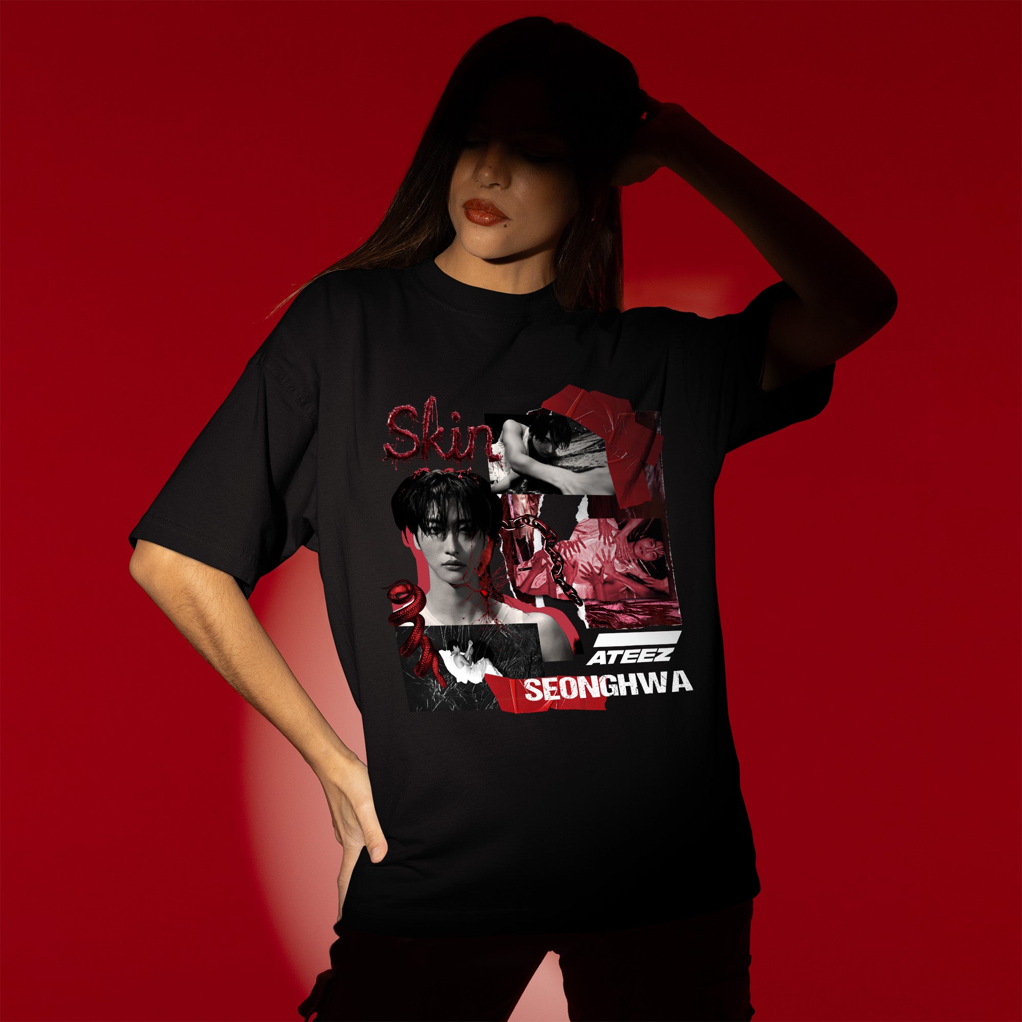 ATEEZ Seonghwa Skin T-Shirt - Women view, Y2K kpop concert tee