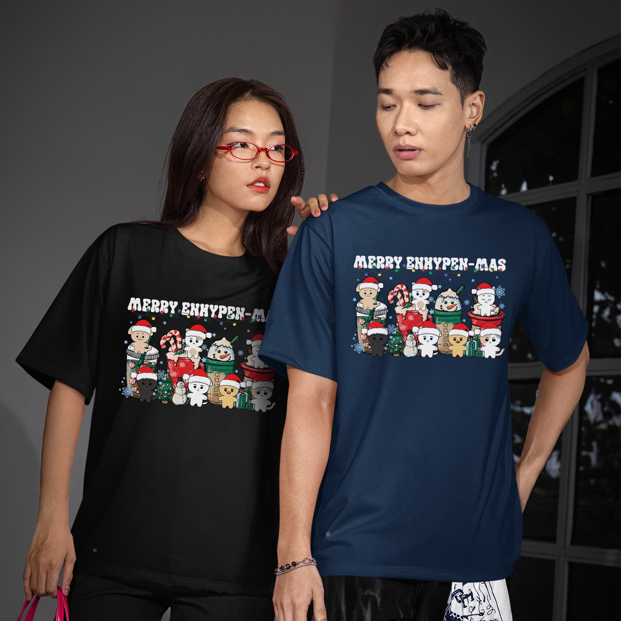 Merry Enhypen-Mas T-Shirt - Couple view, Y2K kpop concert tee