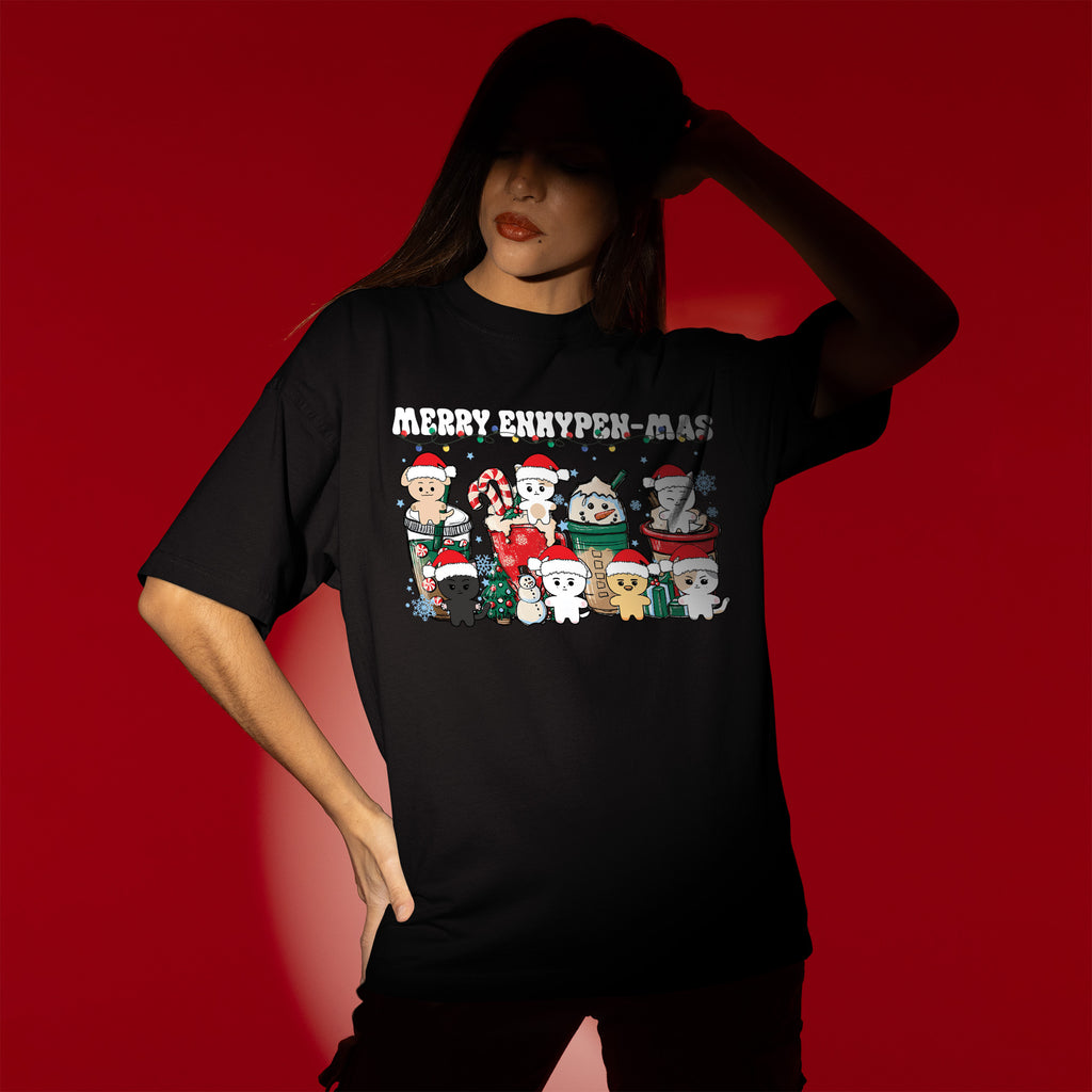 Merry Enhypen-Mas T-Shirt - Women view, Y2K kpop concert tee