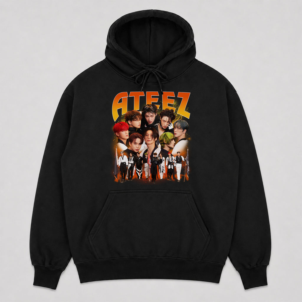 ATEEZ Retro Graphic Hoodie - Front view, Y2K kpop concert hoodie