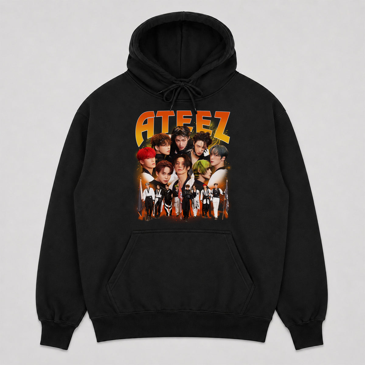 ATEEZ Retro Graphic Hoodie - Front view, Y2K kpop concert hoodie