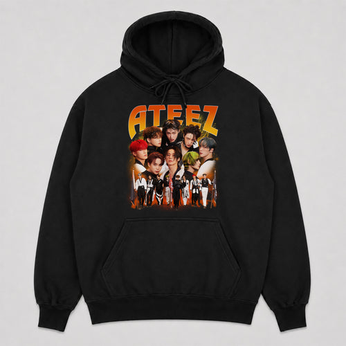 ATEEZ Retro Graphic Hoodie - Front view, Y2K kpop concert hoodie