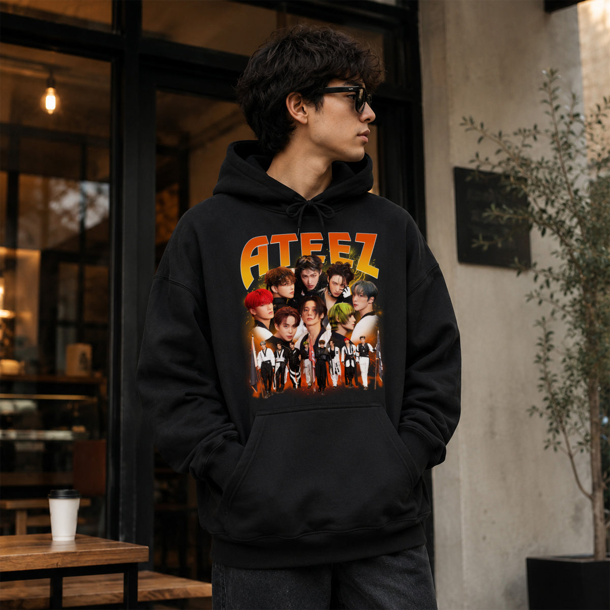 ATEEZ Retro Graphic Hoodie - Men view, Y2K kpop concert hoodie