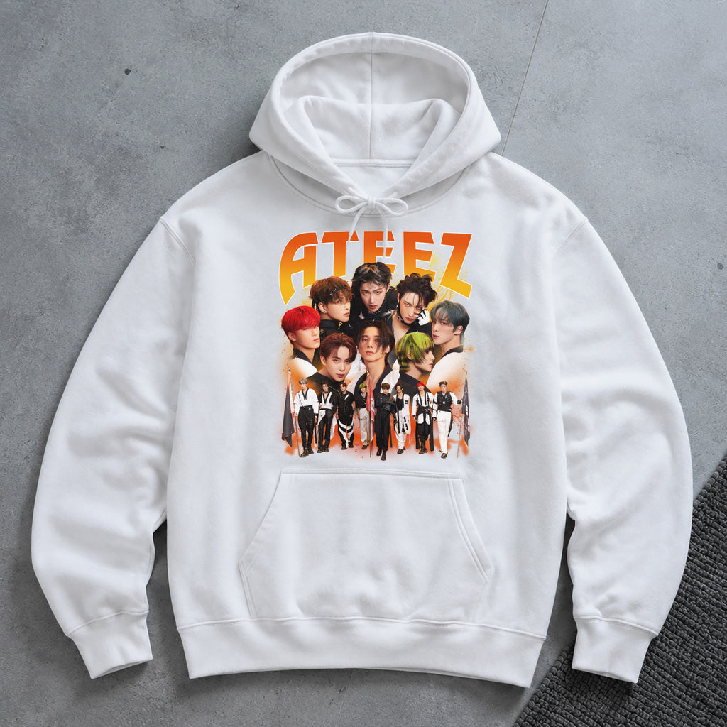 ATEEZ Retro Graphic Hoodie - Spread view, Y2K kpop concert hoodie