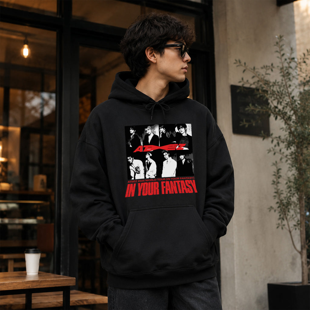 ATEEZ 2025 World Tour In Your Fantasy Hoodie - Men Front view, Y2K kpop concert hoodie