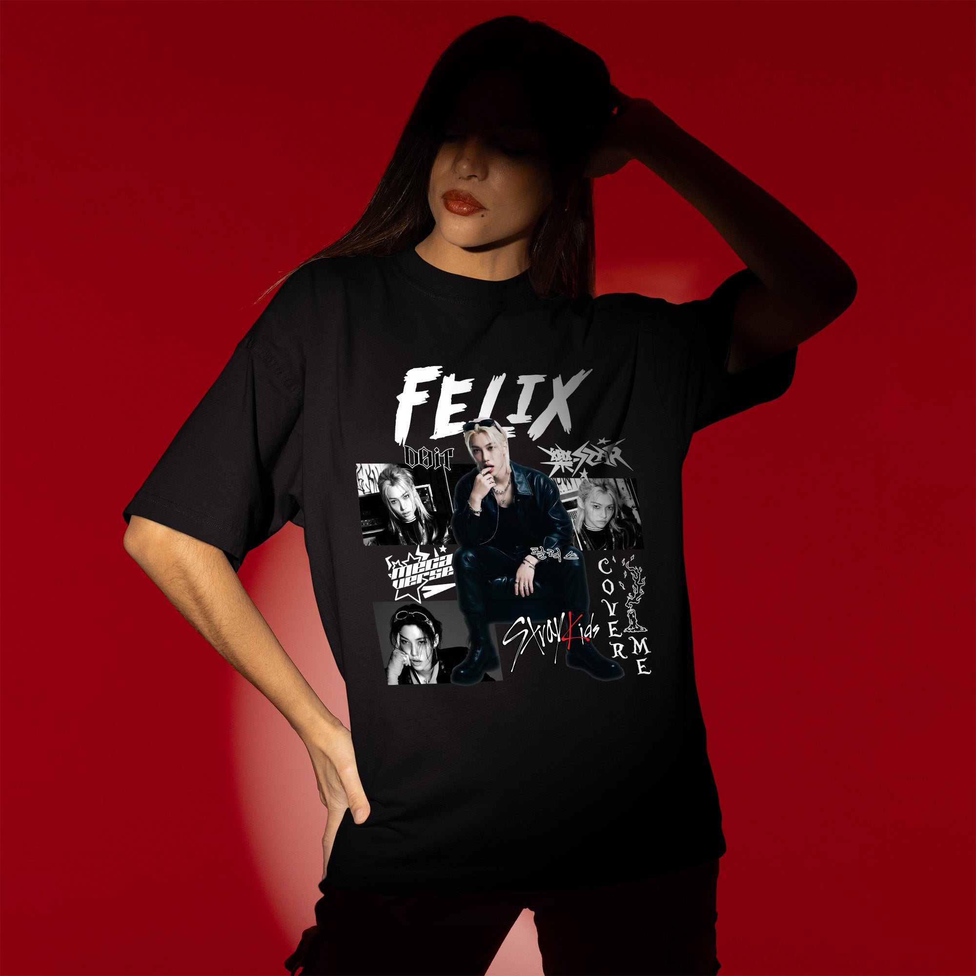 Stray Kids Graphic Felix Style T-Shirt - Women view, Y2K kpop concert tee