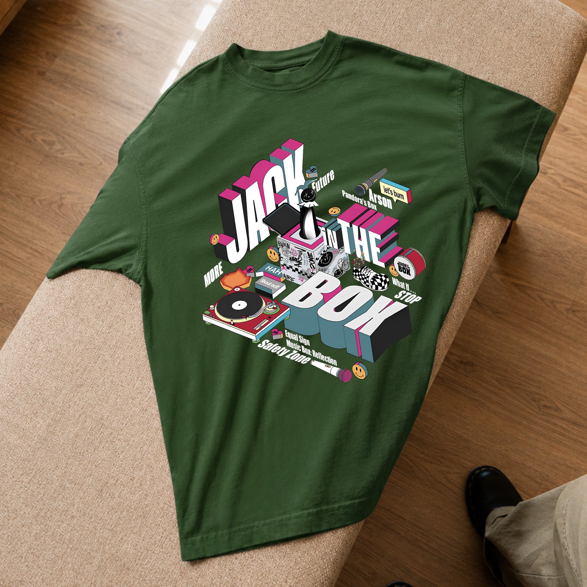 BTS J-Hope Jack In The Box T-Shirt - Spread view, Y2K kpop concert tee