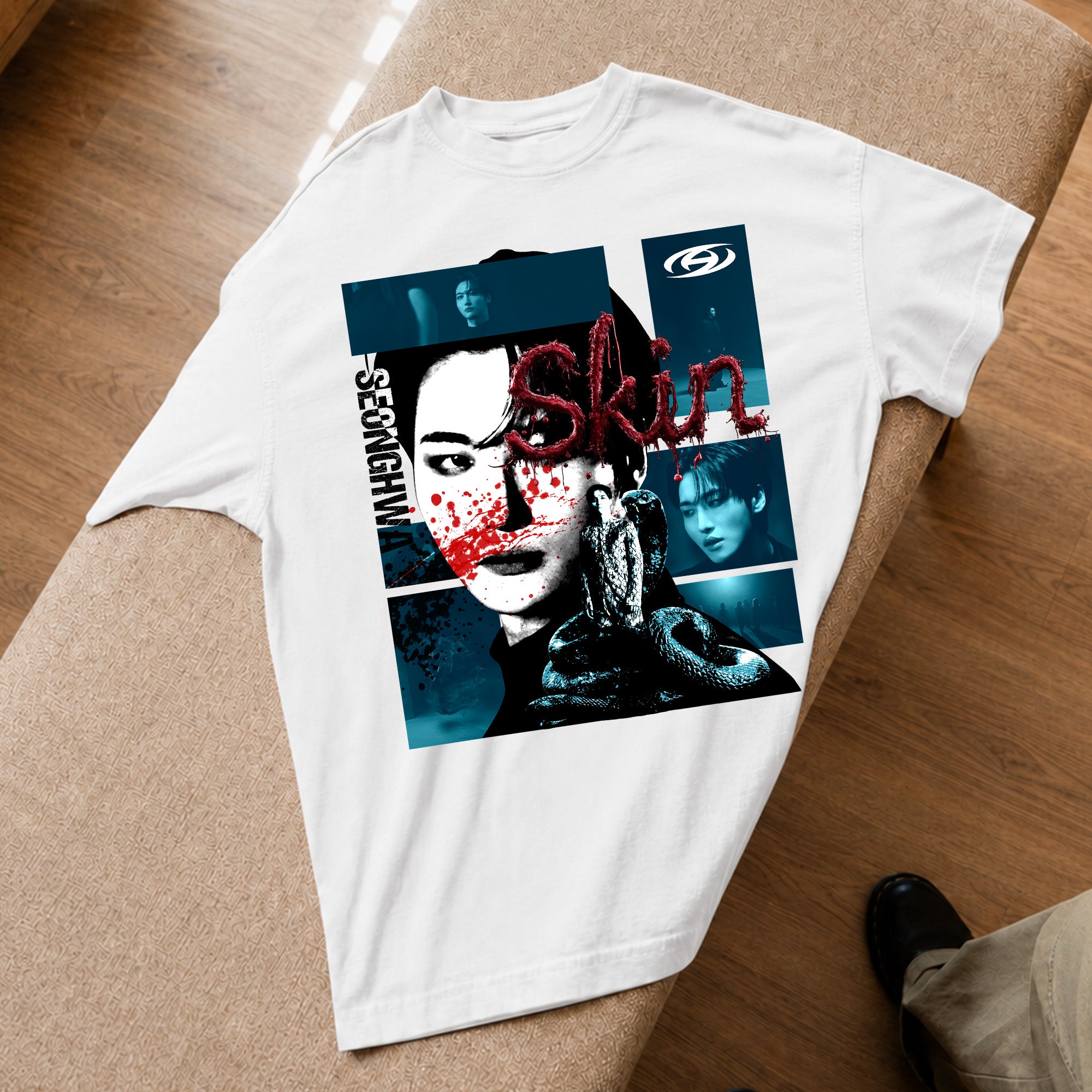 ATEEZ Seonghwa Skin Solo T-Shirt - Spread view, Y2K kpop concert tee