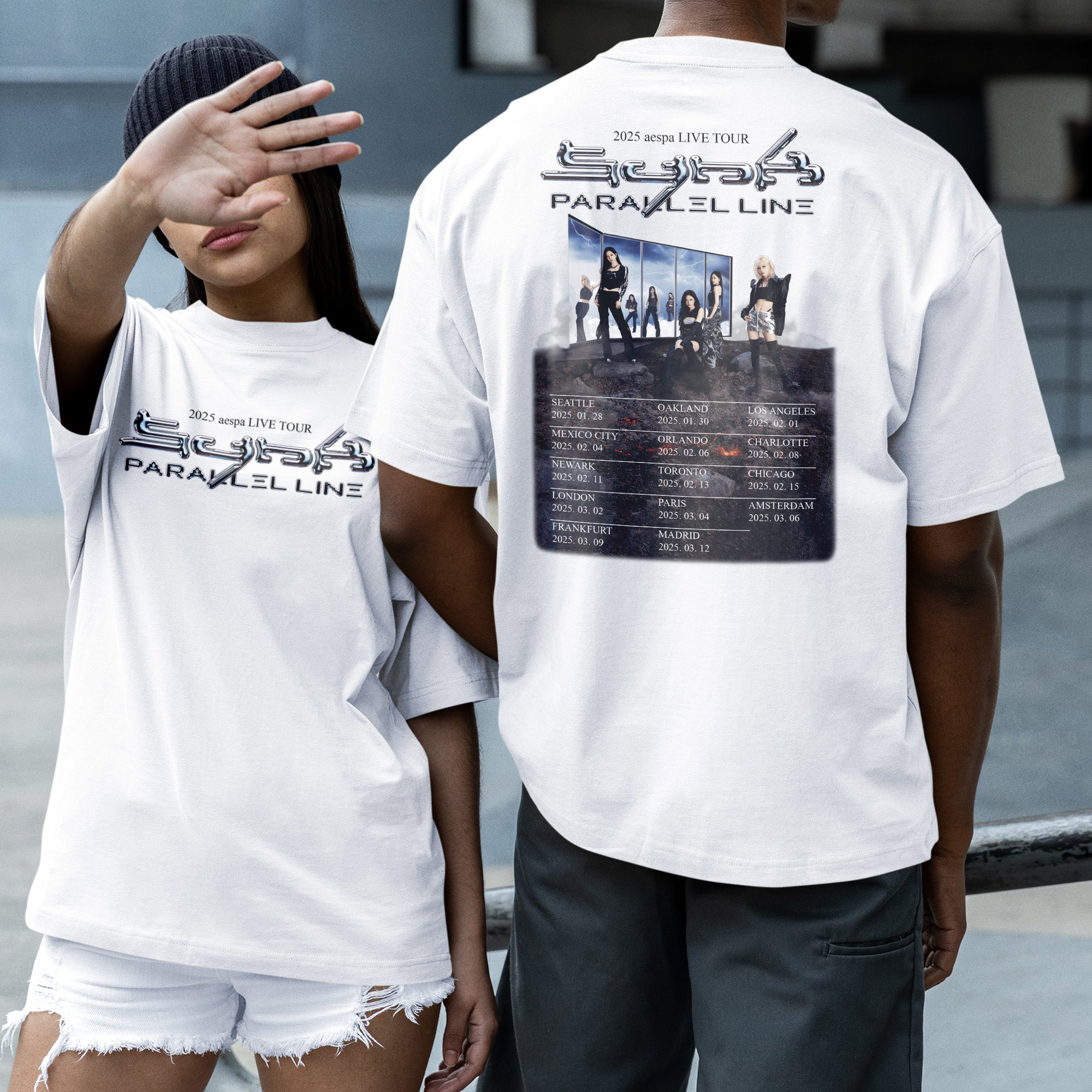 AESPA 2025 Live Tour Synk Parallel Line T-Shirt - Couple 2 view, Y2K kpop concert tee