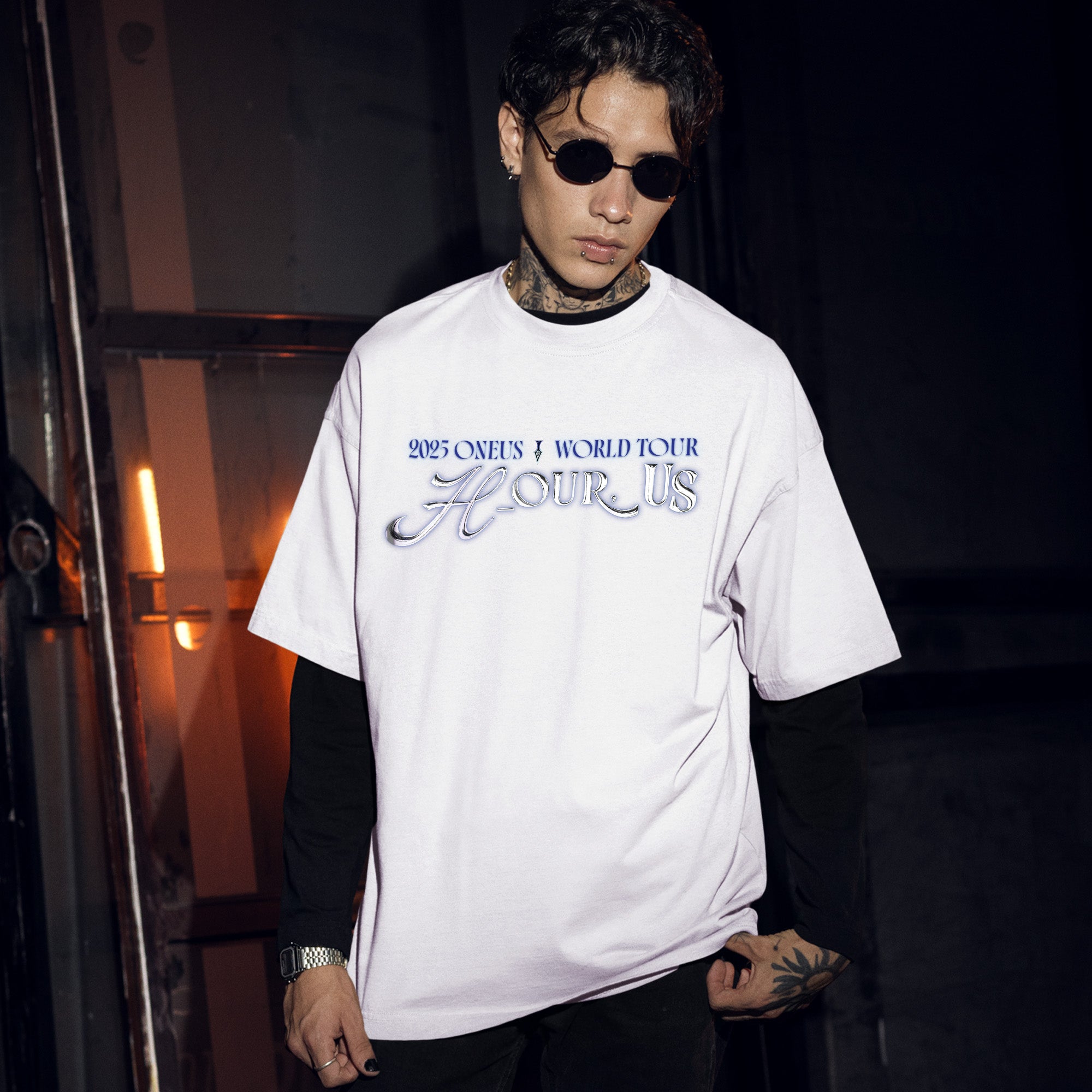 ONEUS 2025 World Tour Hour Us T-Shirt - Men Front view, Y2K kpop concert tee