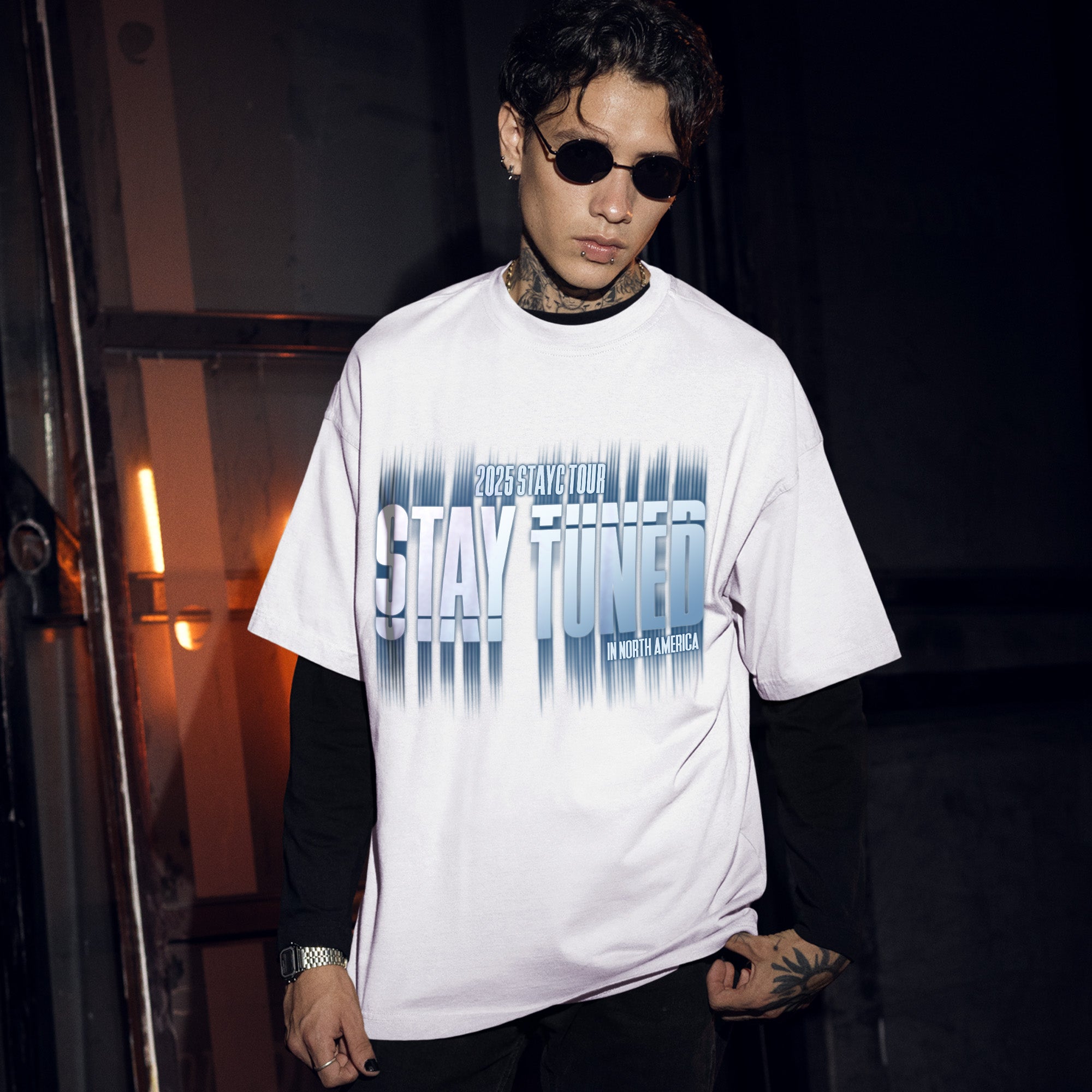 STAYC 2025 Tour Stay Tuned T-Shirt - Men Front view, Y2K kpop concert tee