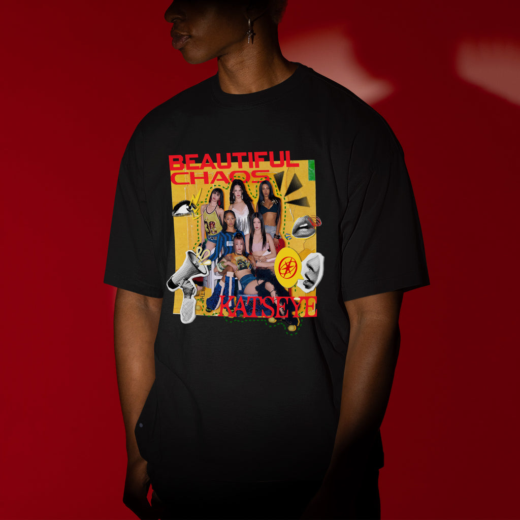 KATSEYE Beautiful Chaos Graphic T-Shirt - Men view, Y2K kpop concert tee
