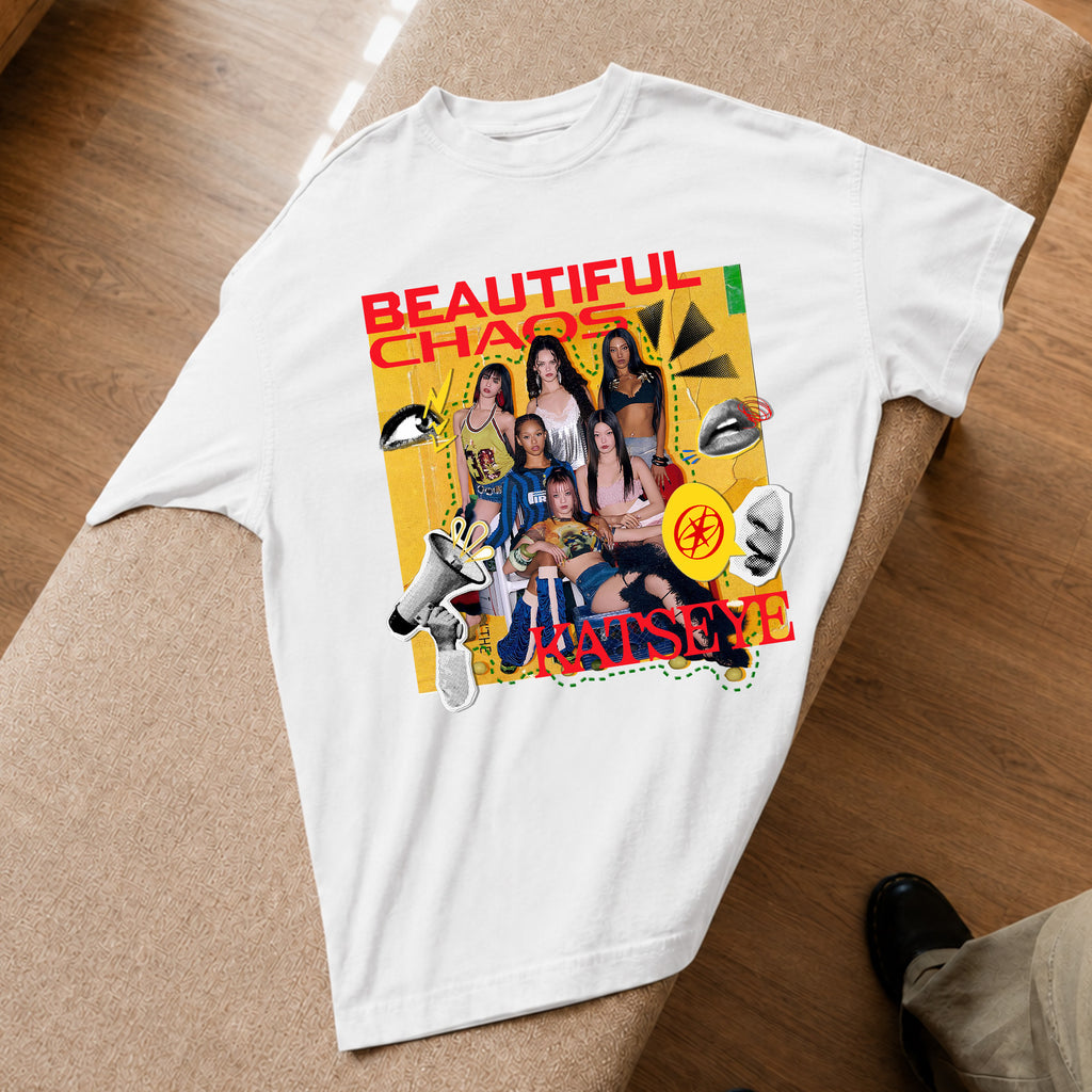 KATSEYE Beautiful Chaos Graphic T-Shirt - Spread view, Y2K kpop concert tee