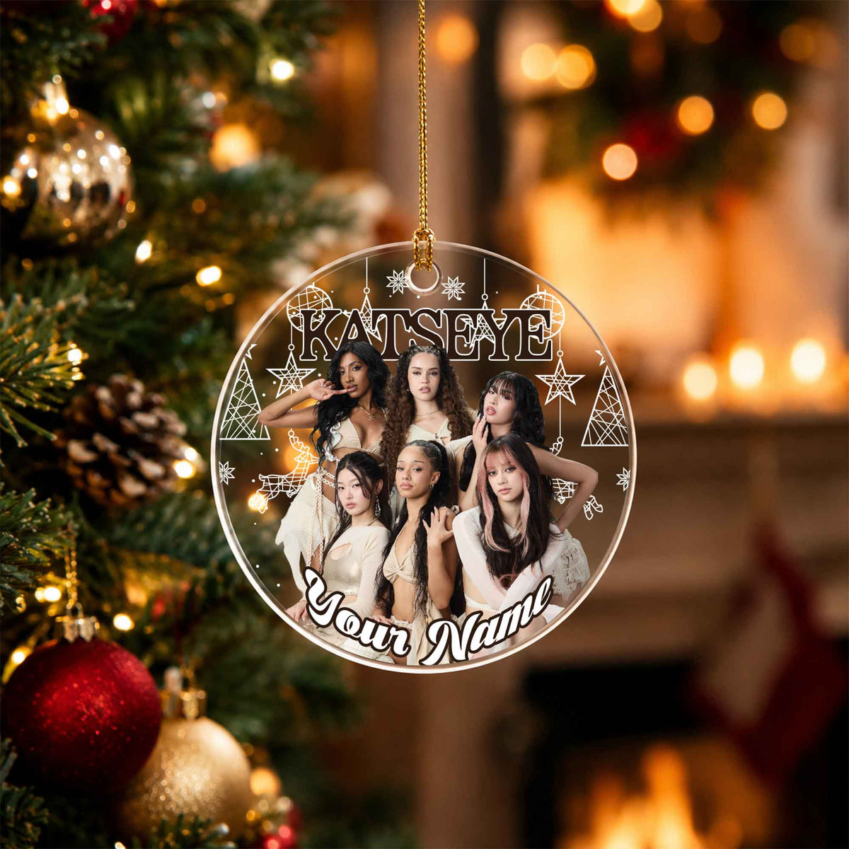 KATSEYE Winter White Custom Name Ornament - acrylic round ornament, another view, fan-made kpop personalized Christmas ornament