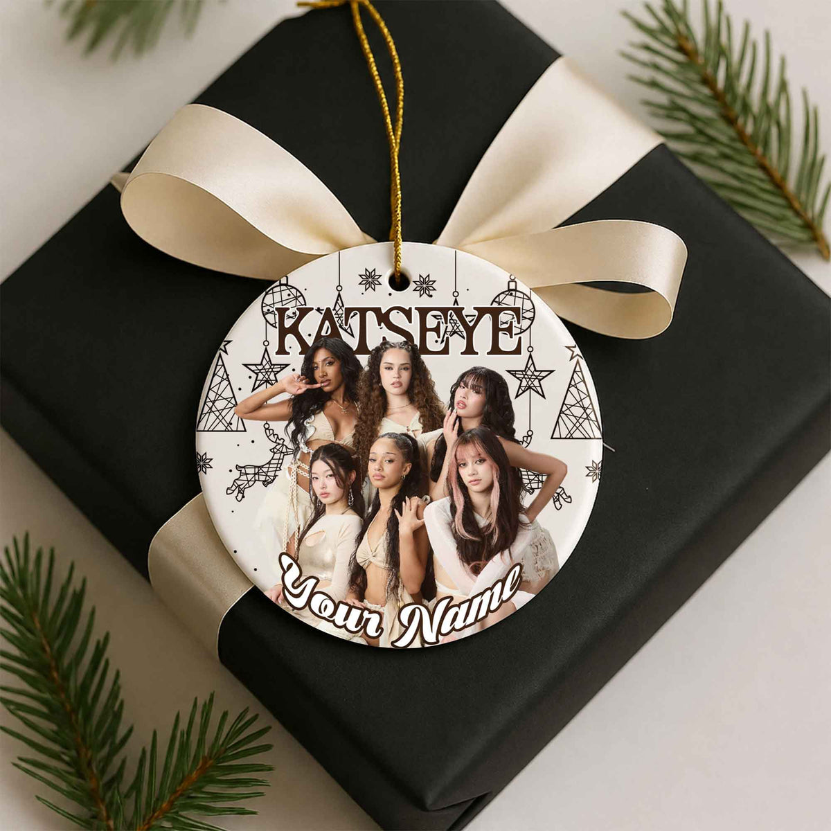 KATSEYE Winter White Custom Name Ornament - ceramic round ornament, another view, fan-made kpop personalized Christmas ornament