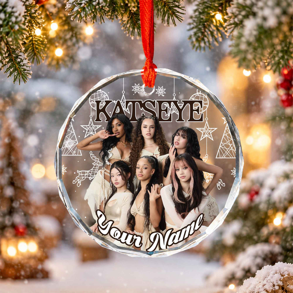 KATSEYE Winter White Custom Name Ornament - glass round ornament, fan-made kpop personalized Christmas ornament