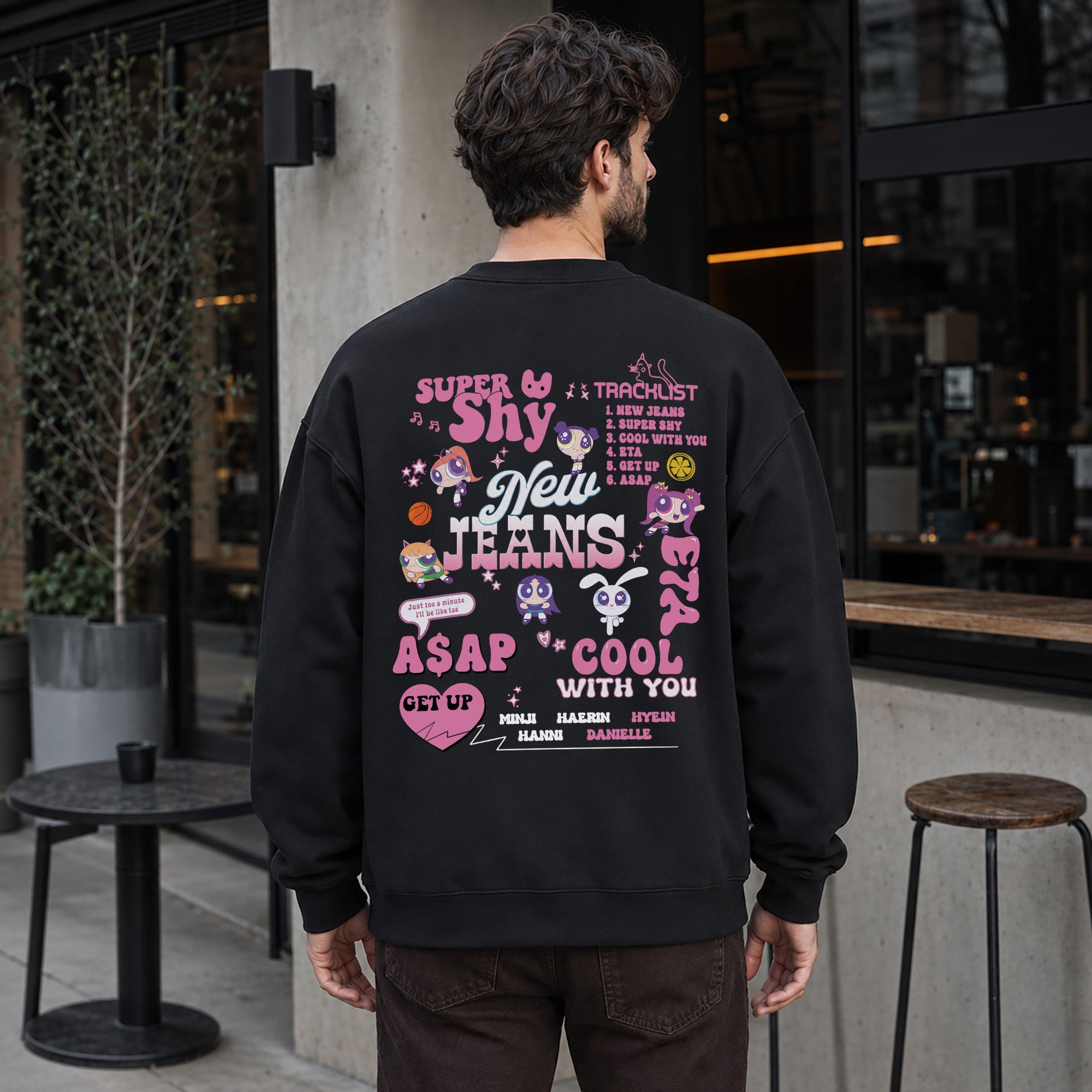 NewJeans Cute Super Shy Sweatshirt - Men Back view, Y2K kpop concert sweatshirt