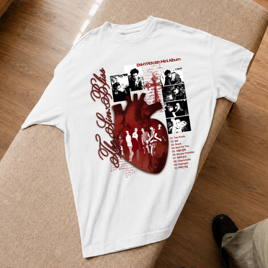 ENHYPEN THE SIN BLISS 8th Mini Album T-Shirt - Spread view, Y2K kpop concert tee