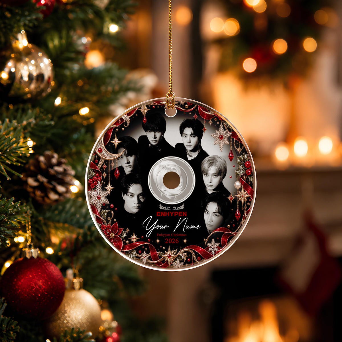 ENHYPEN Monochrome CD Custom Name Ornament - acrylic round ornament, fan-made kpop personalized Christmas ornament