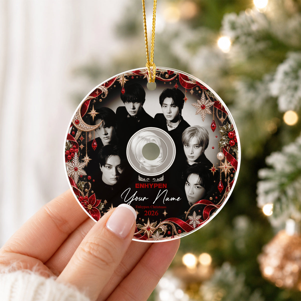 ENHYPEN Monochrome CD Custom Name Ornament - acrylic round ornament, another view, fan-made kpop personalized Christmas ornament