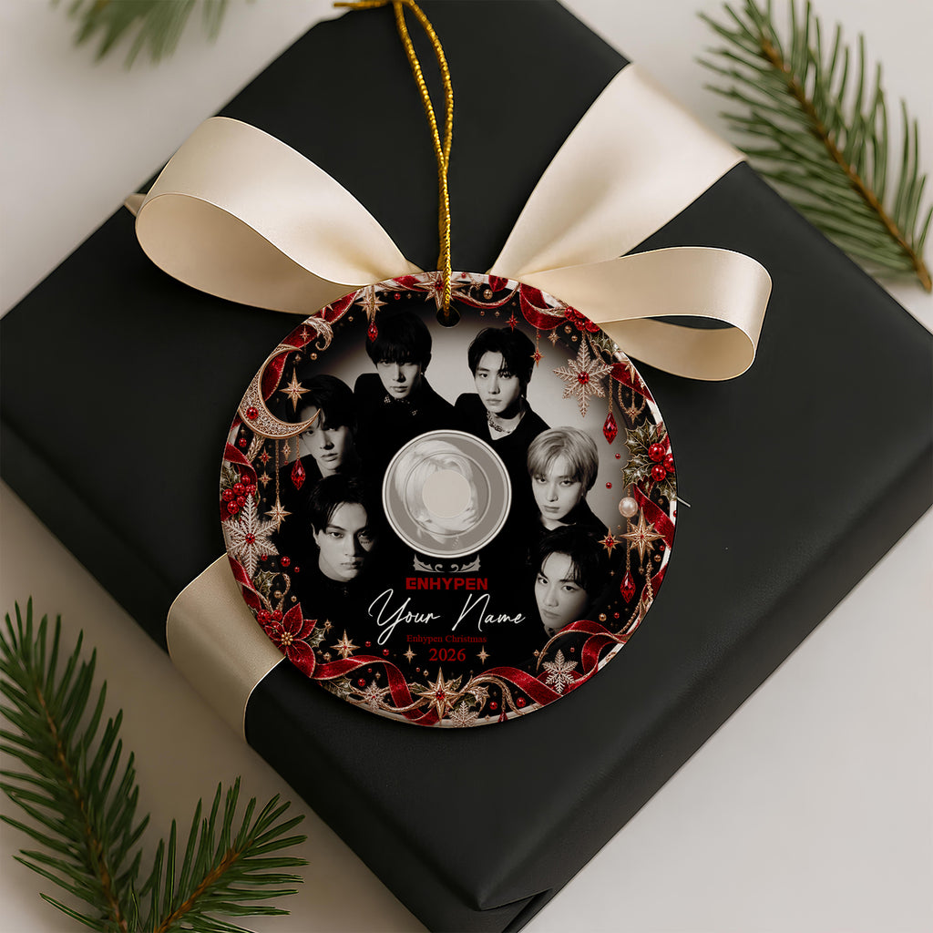 ENHYPEN Monochrome CD Custom Name Ornament - ceramic round ornament, another view, fan-made kpop personalized Christmas ornament