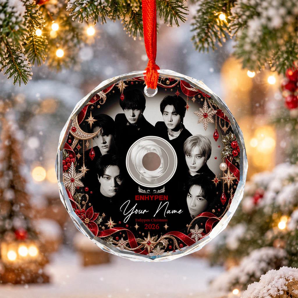 ENHYPEN Monochrome CD Custom Name Ornament - glass round ornament, fan-made kpop personalized Christmas ornament
